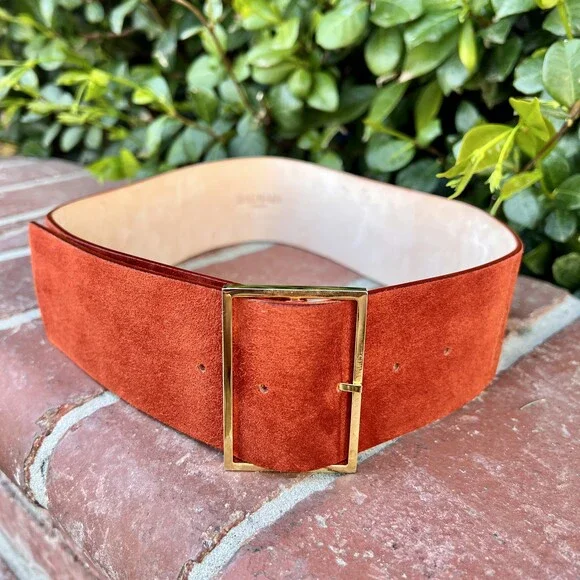 Balmain Paris Suede Leather Waist Belt Rust Red Gold Buckle Size 36 fits S NWOT - Picture 1 of 7